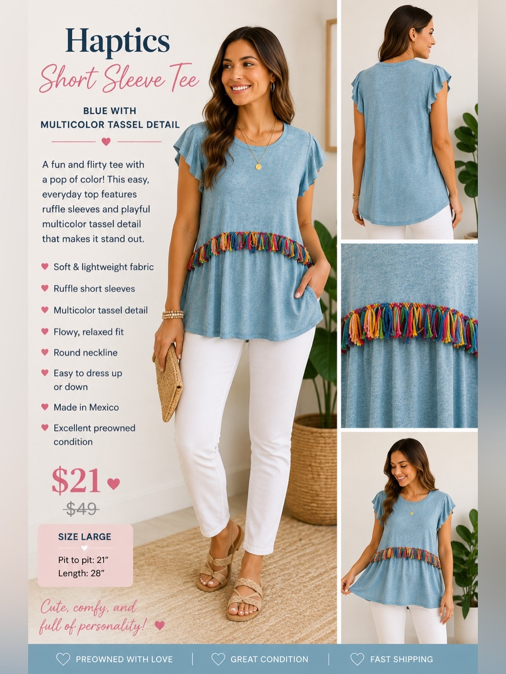 Haptics Short Sleeve Tee, Size L, Blue with Multicolor Tassel Detail